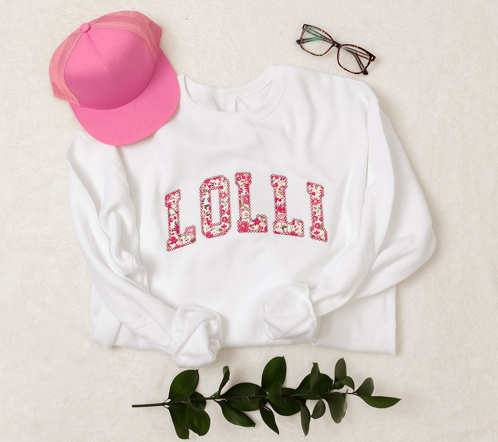 Vivid Pink Floral Fabric Custom Sweatshirt Curved Letters Wynnoutfitters