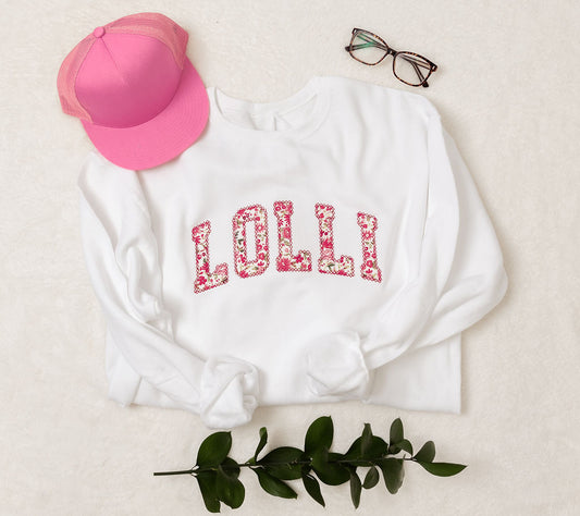 Vivid Pink Floral Fabric Custom Sweatshirt (Curved Letters)